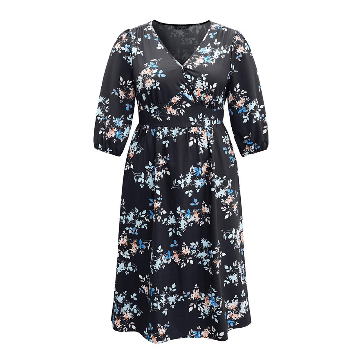 Plus Size Floral Wrap Gathered Lantern Sleeve Dress Multicolor Women Vacation Elastic cuffs Overlap Collar Elbow-length sleeve Curvy Midi Dress BloomChic 26/4X Product Image
