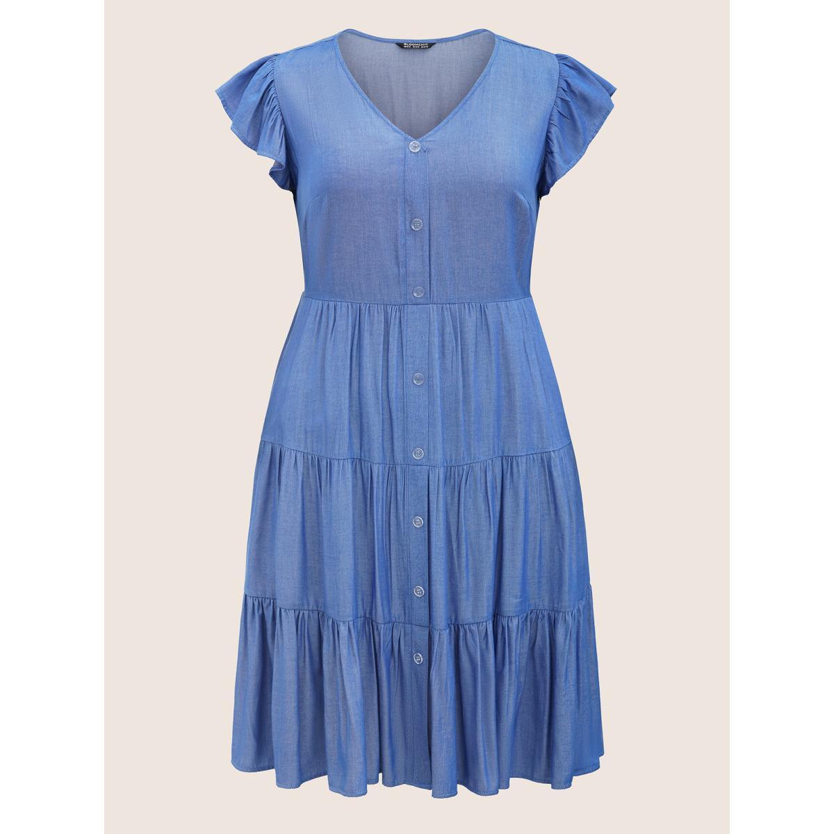 Plus Size Plain Button Detail Layered Hem Ruffle Cap Sleeve Dress Blue Women Casual Non V-neck Cap Sleeve Curvy Midi Dress BloomChic 26/4X Product Image