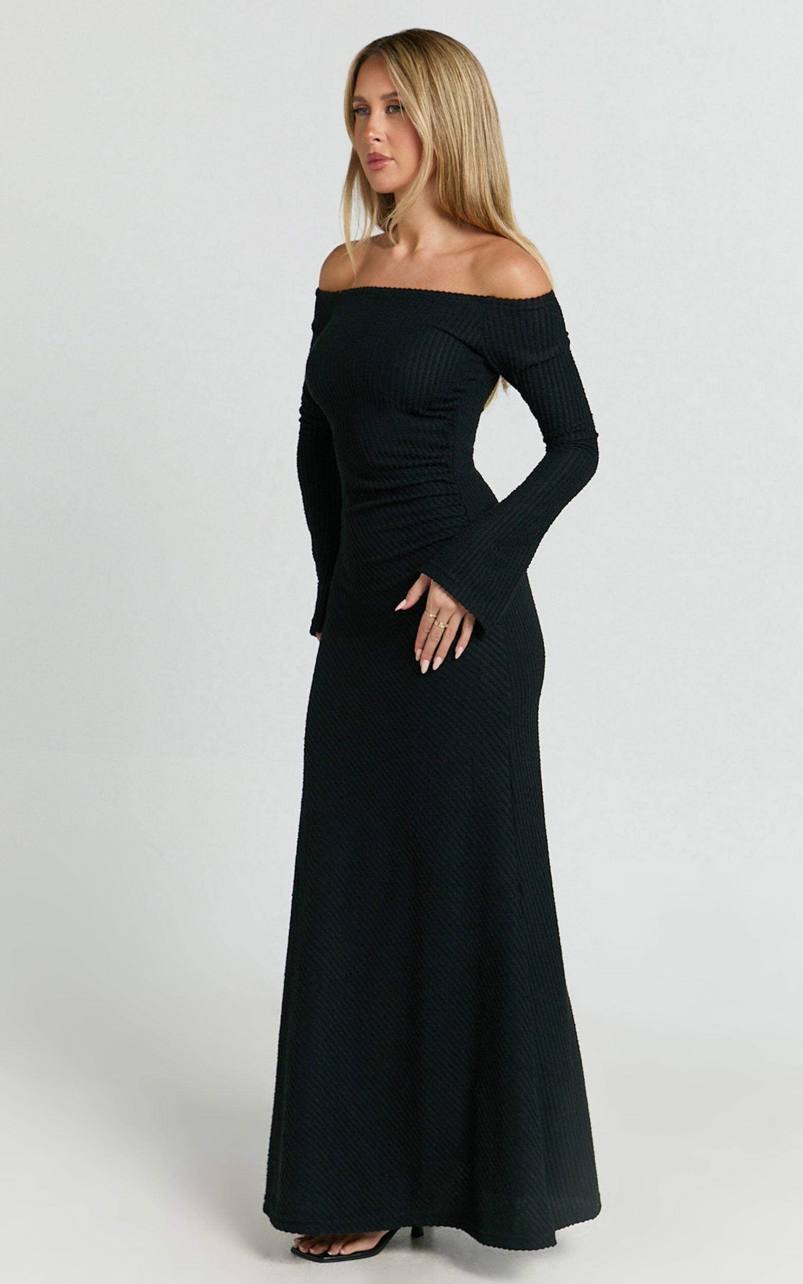 Ayla Maxi Dress - Off Shoulder Flared Sleeve Bodycon Dress in Black Product Image