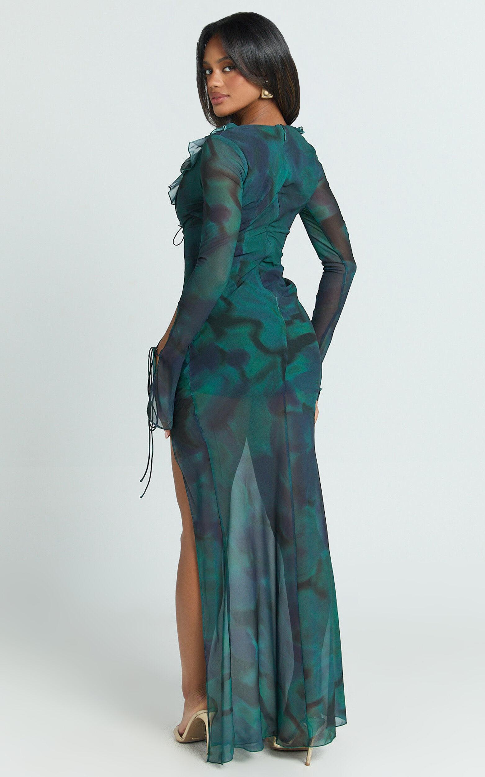 Katie Maxi Dress - Ruffle Plunge Neck Long Sleeve Dress in Green Product Image