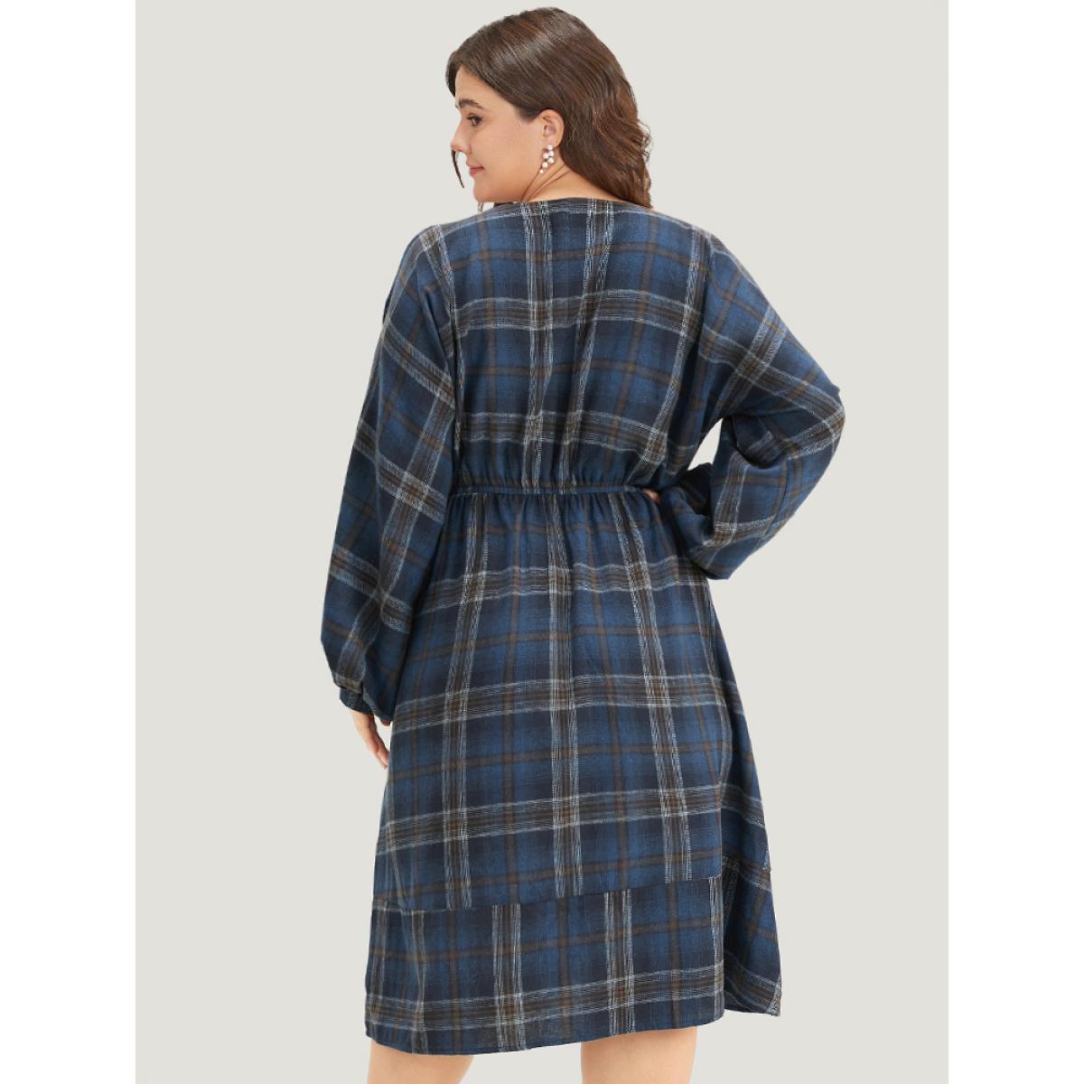 Plus Size Plaid Notched Button Up Lantern Sleeve Dress Aegean Women Casual Elastic cuffs Notched collar Long Sleeve Curvy Midi Dress BloomChic 18-20/2X Product Image