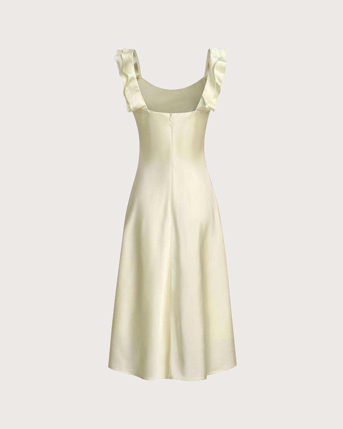 Blue Square Neck Ruffle Satin Midi Dress Product Image
