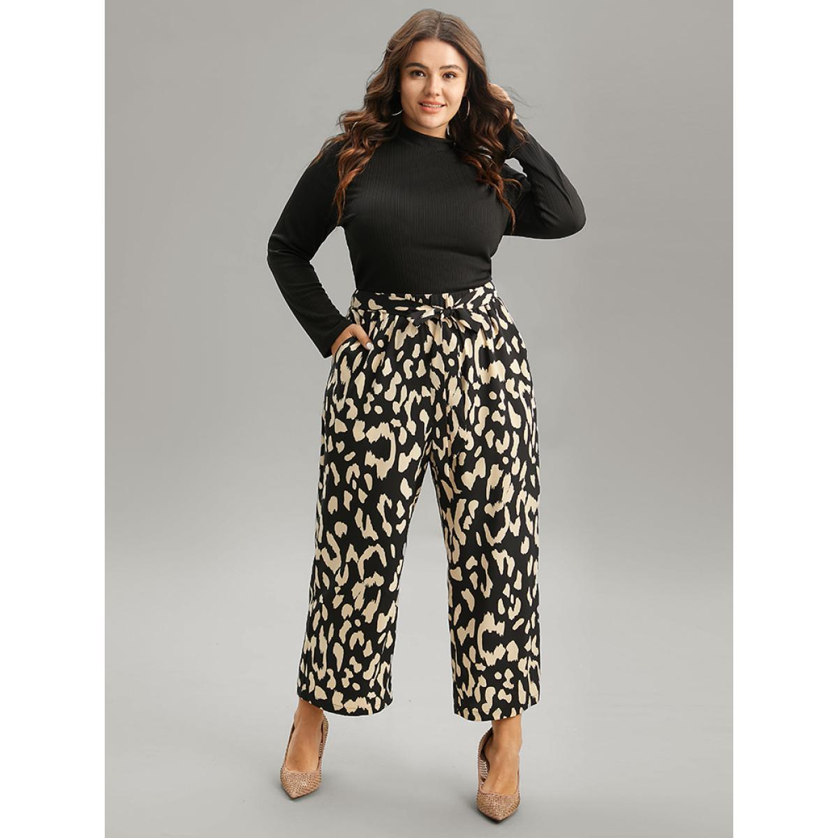 Plus Size Leopard Elastic Waist Ties Wide Leg Pants Women Black Casual Wide Leg High Rise Dailywear Pants BloomChic 26/4X Product Image