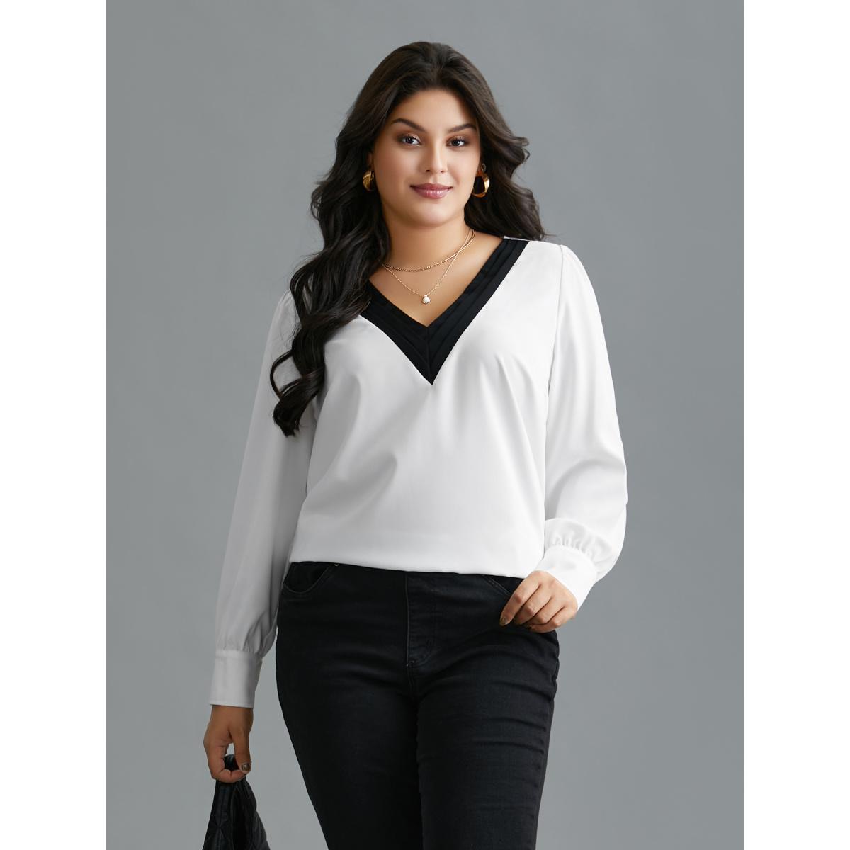 Plus Size WhiteSmoke V-Neck Patchwork Contrast Blouse Women At the Office Long Sleeve V-neck Work Blouses BloomChic 28/5X Product Image