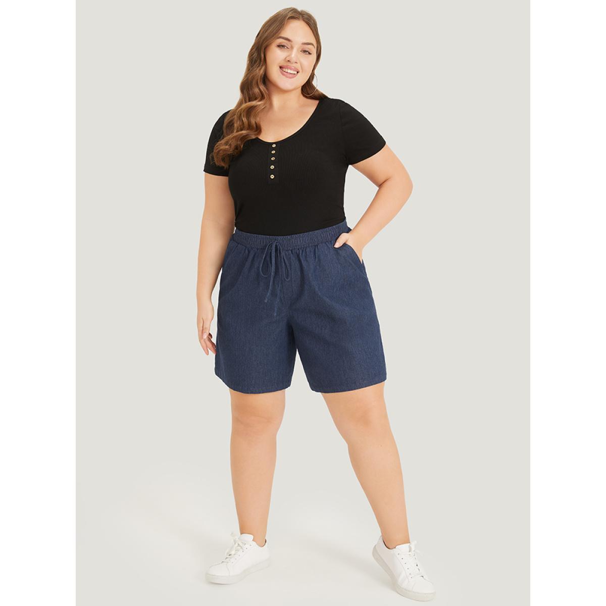 Plus Size Plain Ties Elastic Waist High Rise Shorts Women Indigo Casual Plain Dailywear Shorts BloomChic 22-24/3X Product Image