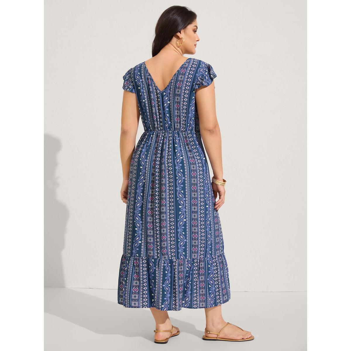 Plus Size Boho Stripes High Waisted Midi Dress DarkBlue Women V-neck Sleeveless Curvy BloomChic 26/4X Product Image