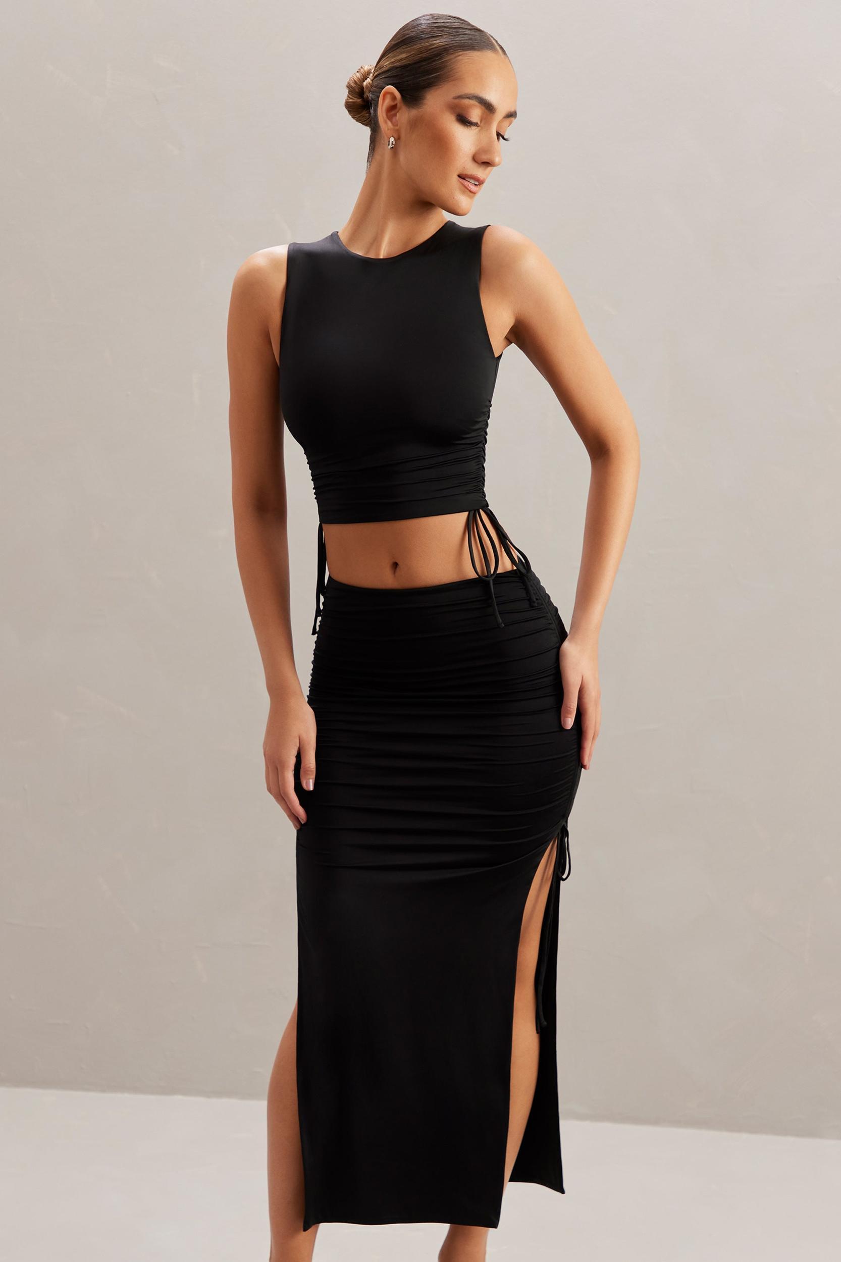 Mid Rise Midi Skirt in Black Product Image