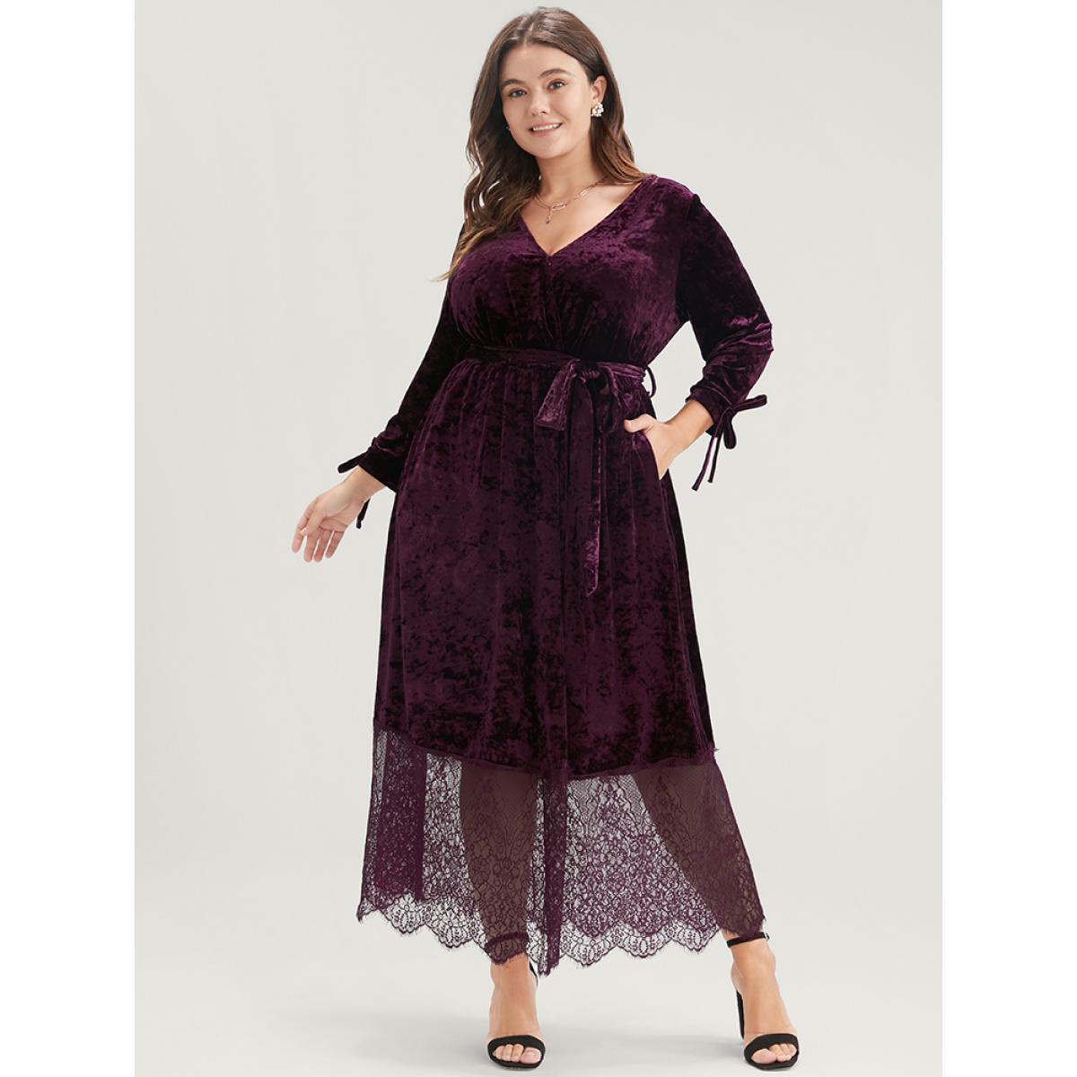 Plus Size Solid Pocket Contrast Lace Scalloped Trim Belted Velvet Dress Eggplant Women Glamour Belted V-neck Elbow-length sleeve Curvy Long Dress BloomChic 12/L Product Image