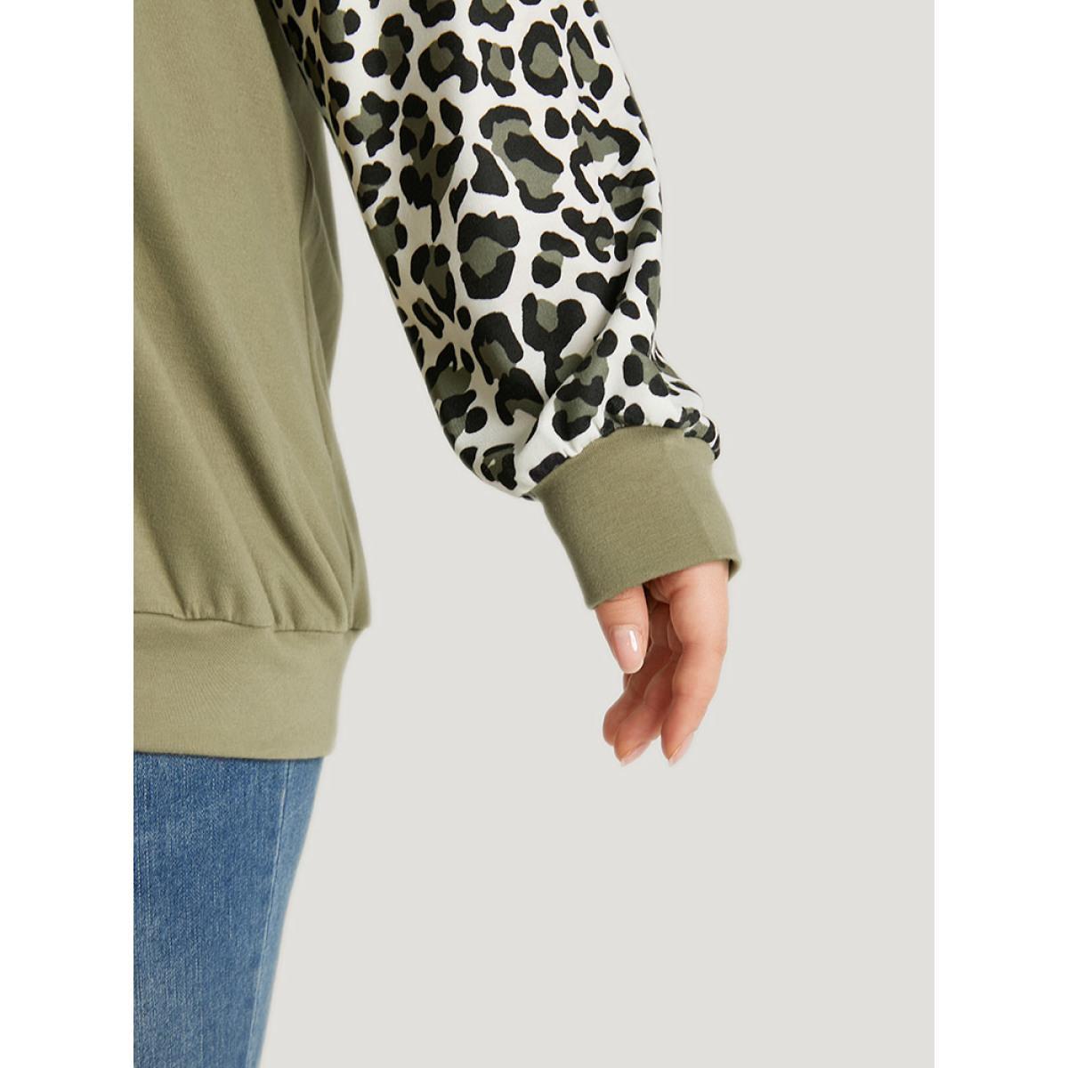 Plus Size Leopard Patchwork Crisscross Neck Elastic Cuffs Sweatshirt Women Sage Casual Elastic cuffs V-neck Dailywear Sweatshirts BloomChic 12/L Product Image