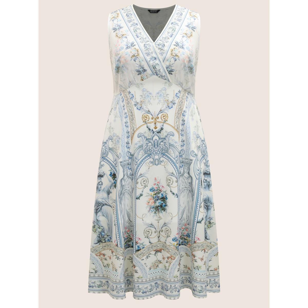 Plus Size V Neck Boho Print Sleeveless Midi Dress Originalwhite Women Elegant Gathered V-neck Sleeveless Curvy BloomChic 22-24/3X Product Image