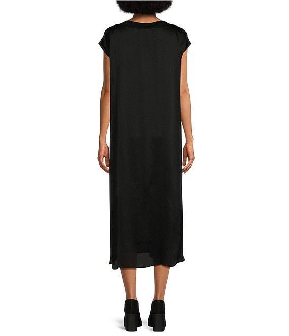 Eileen Fisher Striated Silk Satin Boat Neck Cap Sleeve Side Slit Boxy Midi Dress Product Image