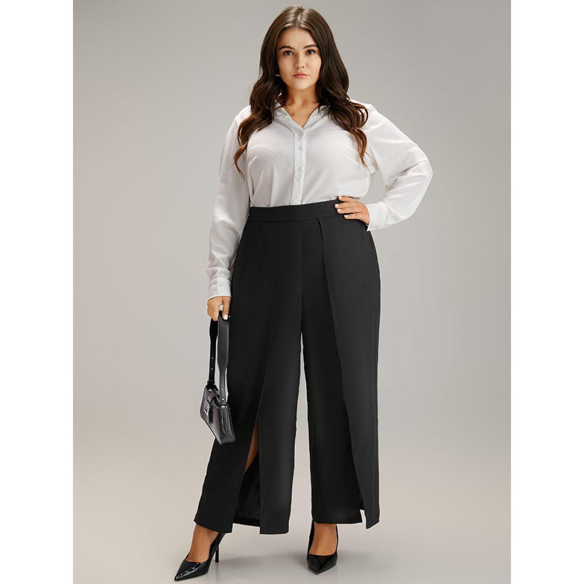 Plus Size Plain High Rise Split Hem Pants Women Black At the Office Straight Leg High Rise Work Pants BloomChic 14-16/1X Product Image