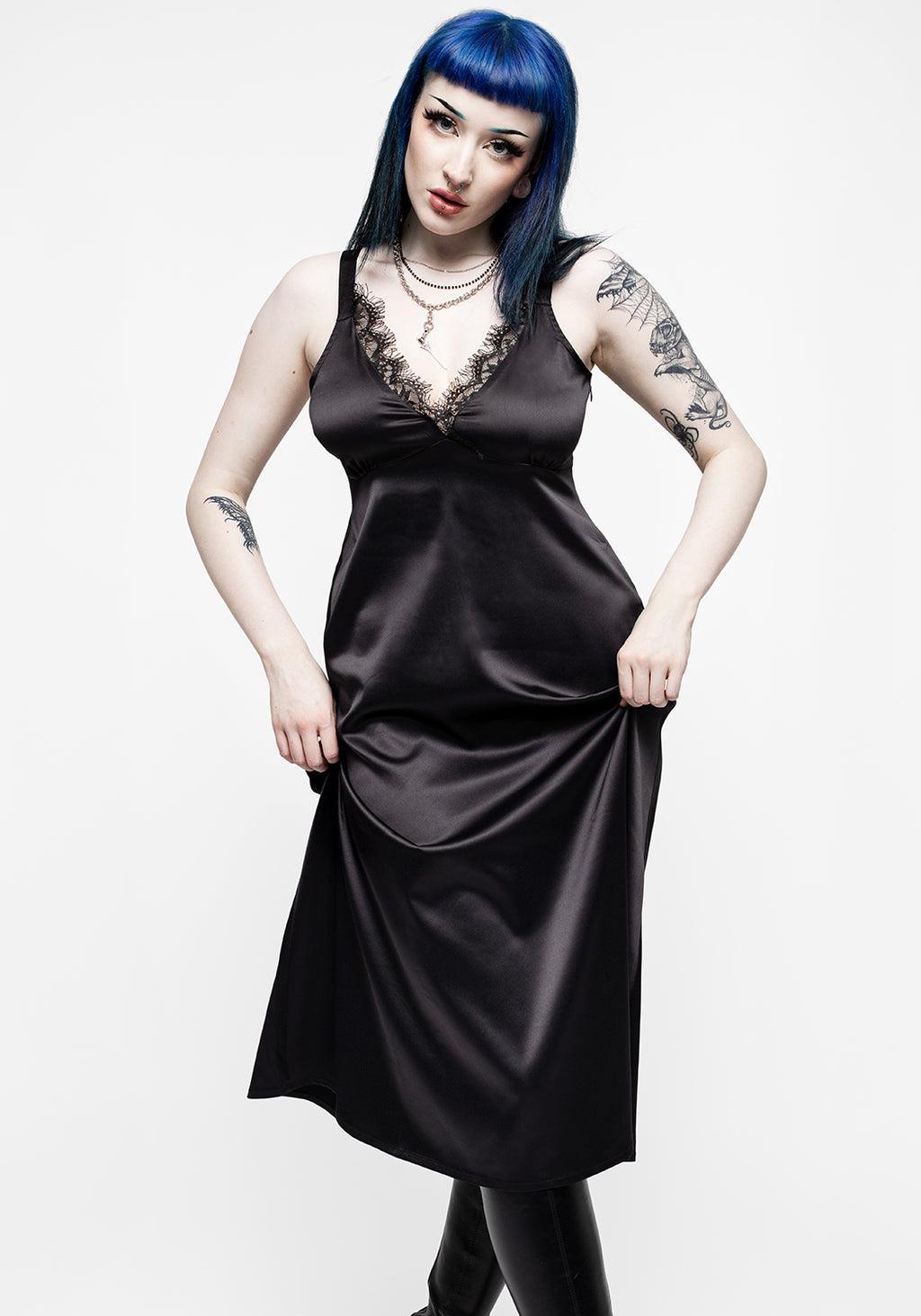 Medeina Lace Trim Satin Midi Slip Dress - Midnight Black Product Image