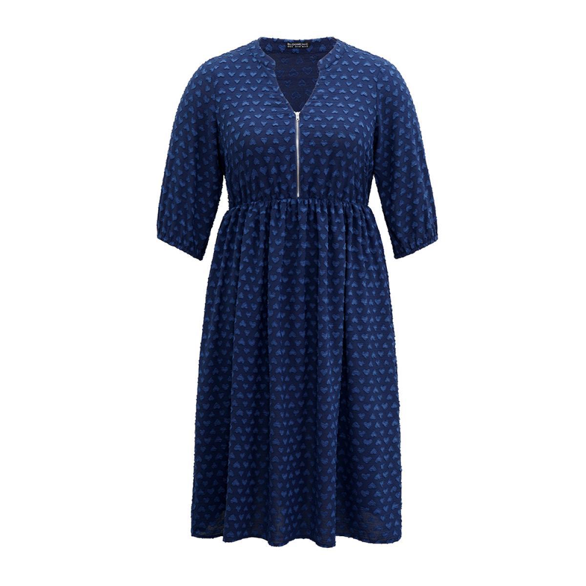 Plus Size Plain Heart Textured Half Zip Notched Dress Indigo Women Office Elastic cuffs Notched collar Elbow-length sleeve Curvy Midi Dress BloomChic 28/5X Product Image