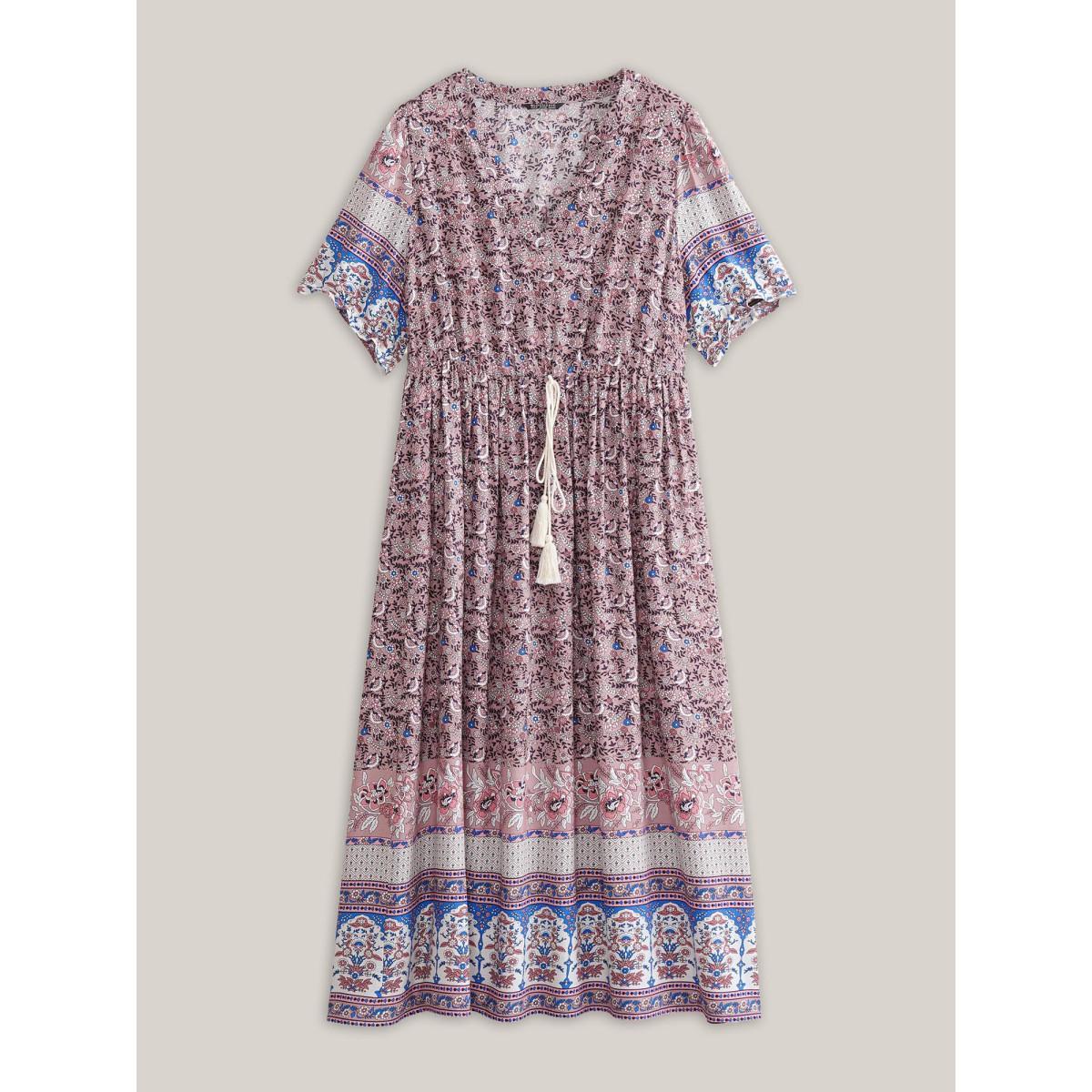 Plus Size Boho Print Notched Ties Tassel Trim Dress DustyPink Women Resort Non Flat collar with V-notch Short sleeve Curvy BloomChic 10/M Product Image