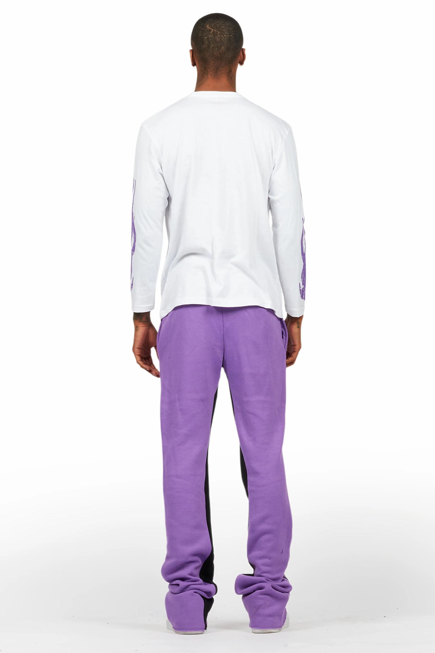 Amos Purple/White Long Sleeve T-Shirt/Stacked Baggy Pant Set Male Product Image