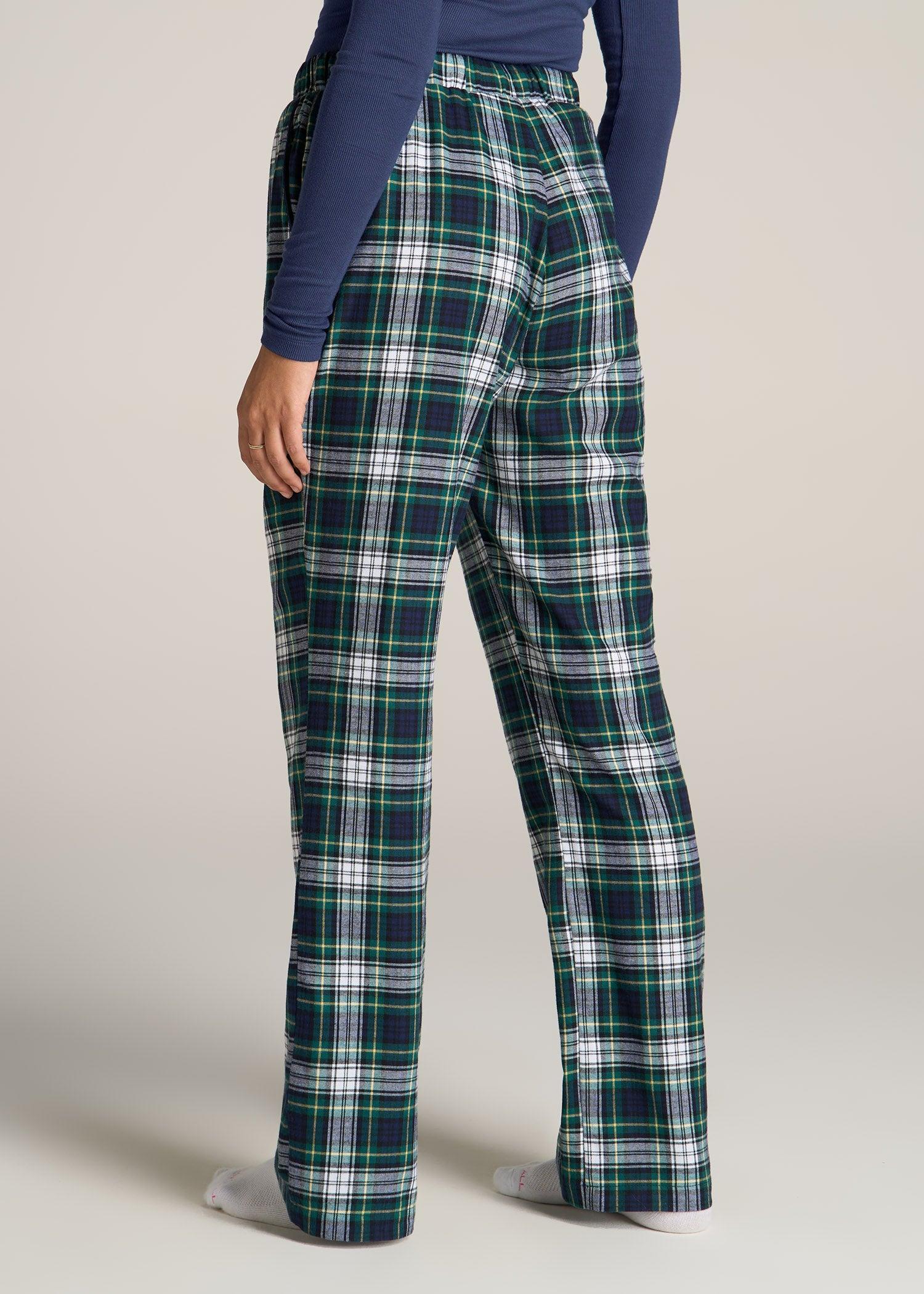 Open-Bottom Flannel Women's Tall Pajama Pants in Green and Navy Tartan Product Image
