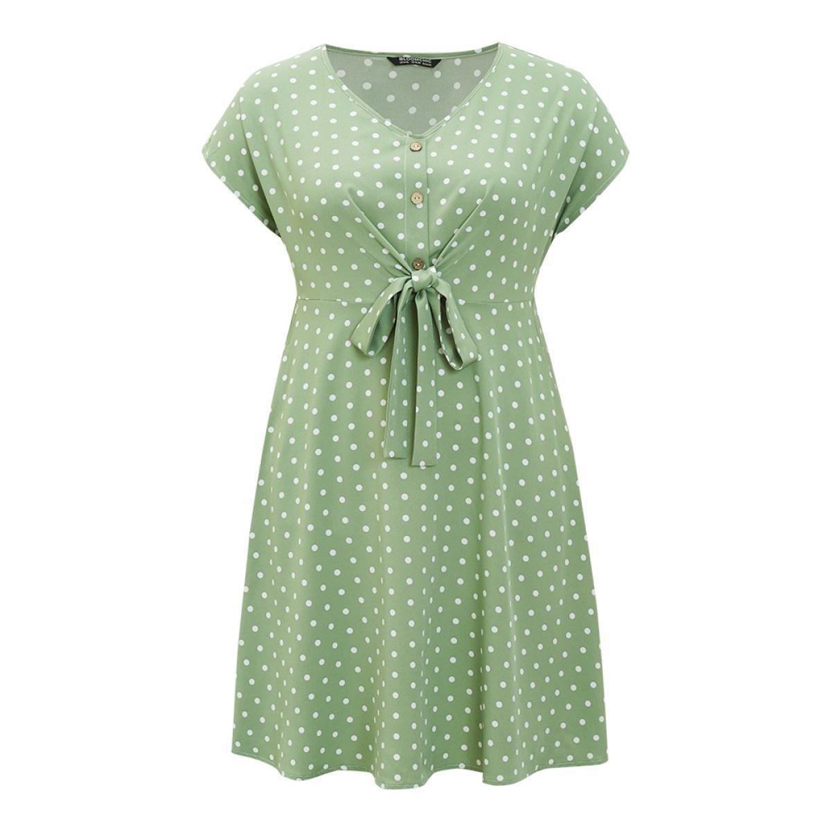 Plus Size Polka Dot Pocket Button Detail Twist Front Knee Dress Green Women Elegant Knotted V-neck Cap Sleeve Curvy Knee Dress BloomChic 10/M Product Image