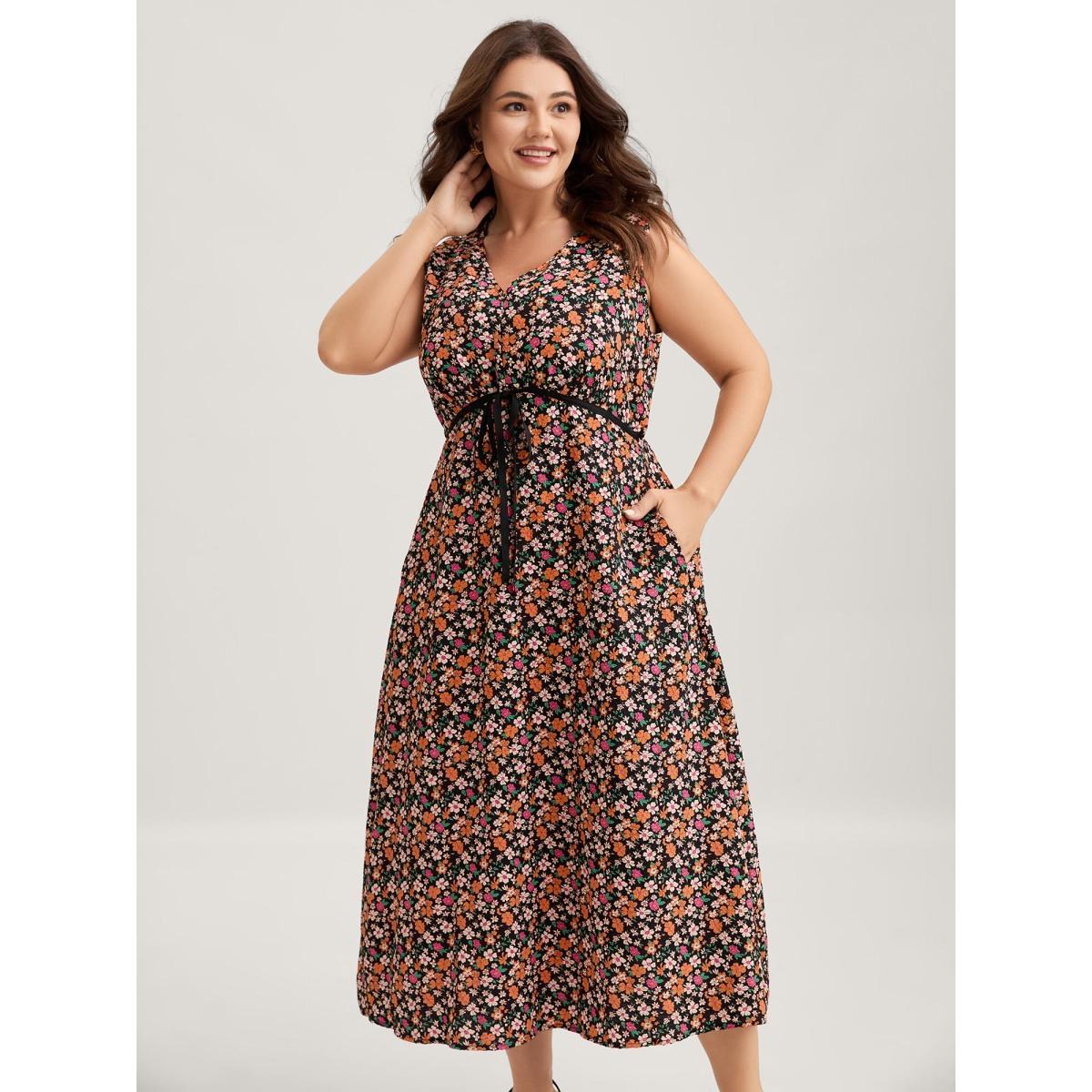 Plus Size Floral Waist Tie Side Pockets Midi Dress Black Women V-neck Sleeveless Curvy BloomChic 22-24/3X Product Image