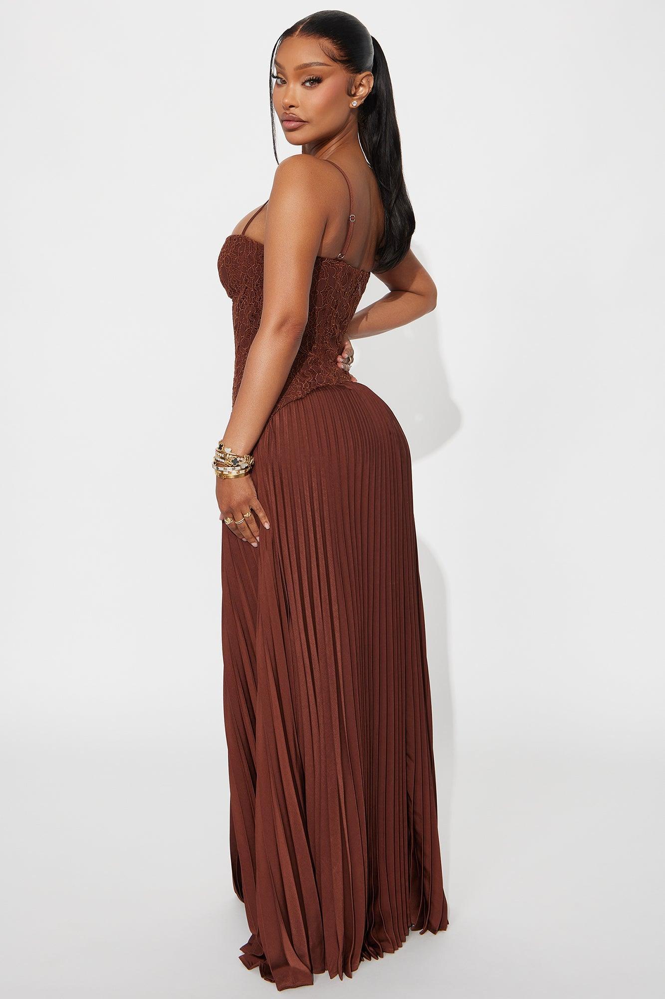 Daniella Lace Corset Pleated Maxi Dress - Chocolate Product Image