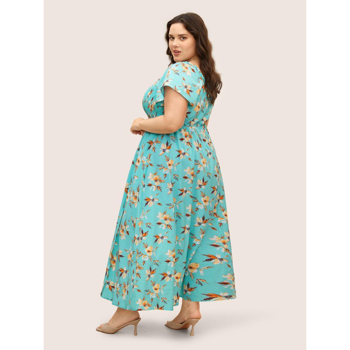 Plus Size Floral Shirred Elastic Waist Split Hem Dress Turquoise Women Elegant Frill Trim Square Neck Short sleeve Curvy BloomChic 14-16/1X Product Image
