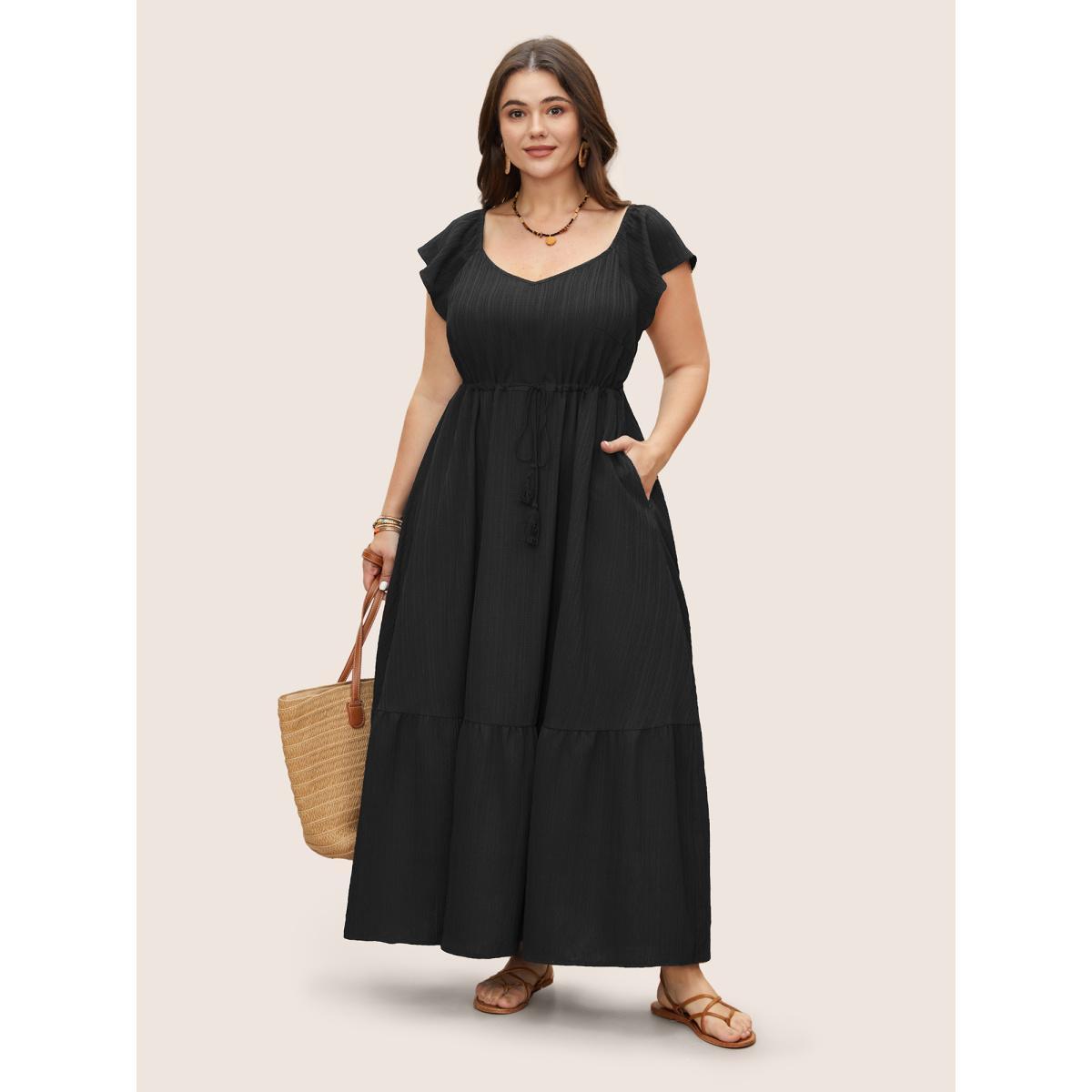 Plus Size Texture Drawstring Tie Knot Tassels Dress Black Women Resort Tie knot V-neck Cap Sleeve Curvy BloomChic 10/M Product Image