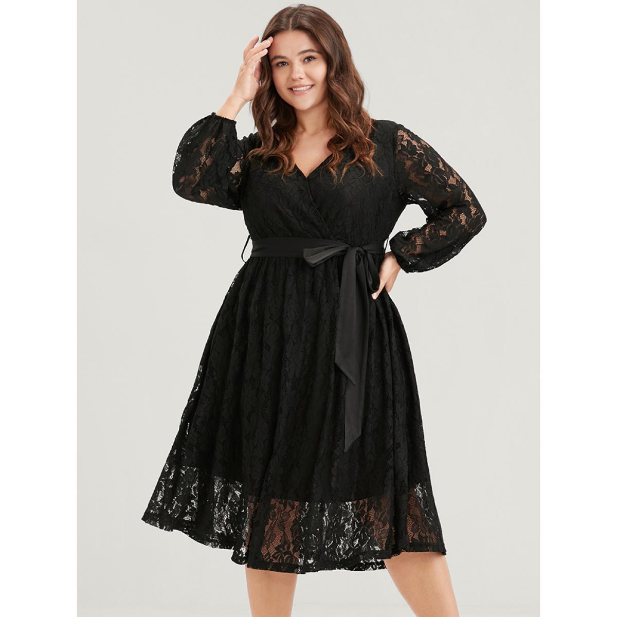 Embroidered Elegant Plus Size Women Going out Plain Midi Dress Ties Slightly Stretchy Lantern Sleeve Long Sleeve V Neck Belt Glamour Dresses BloomChic Product Image