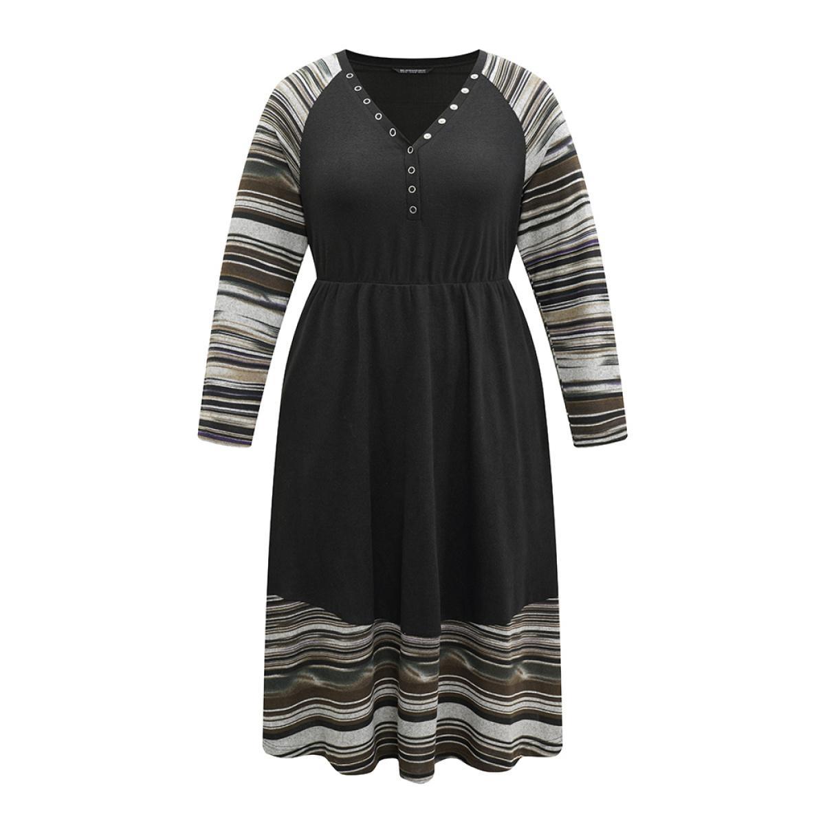 Plus Size Striped Raglan Sleeve Patchwork Elastic Waist Dress Black Women Casual Printed V-neck Long Sleeve Curvy Midi Dress BloomChic 30/6X Product Image