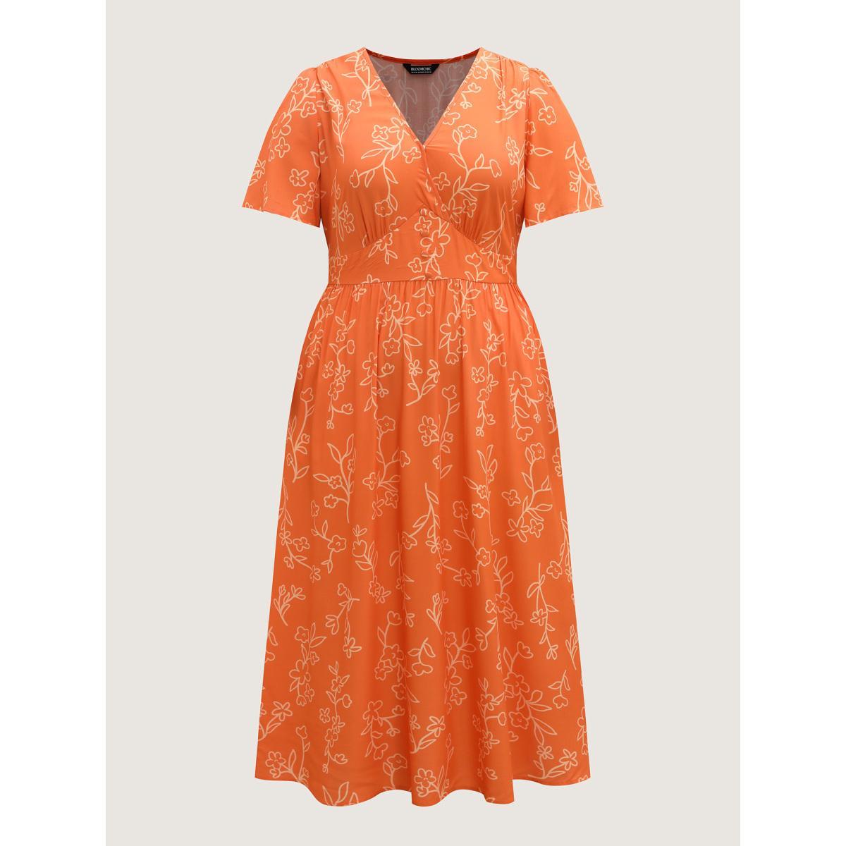 Plus Size Rayon Silhouette Floral Print Midi Dress Rust Women Overlap Collar Short sleeve Curvy BloomChic 14-16/1X Product Image