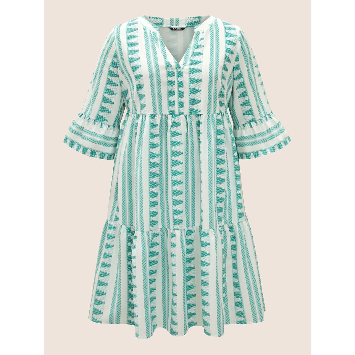 Plus Size Bandana Geometric Notched Ruffle Layered Hem Dress Turquoise Women Resort Non Notched collar Elbow-length sleeve Curvy Midi Dress BloomChic 30/6X Product Image