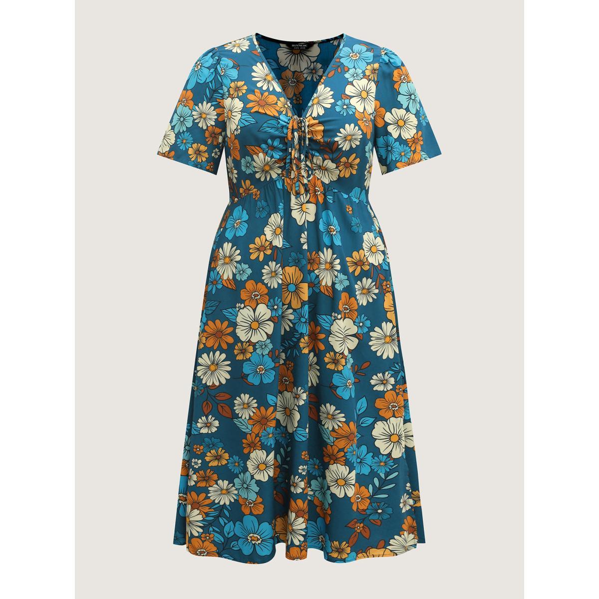 Plus Size Floral Drawstring Bodice Side Slit Midi Dress Navy Women V-neck Short sleeve Curvy BloomChic 30/6X Product Image