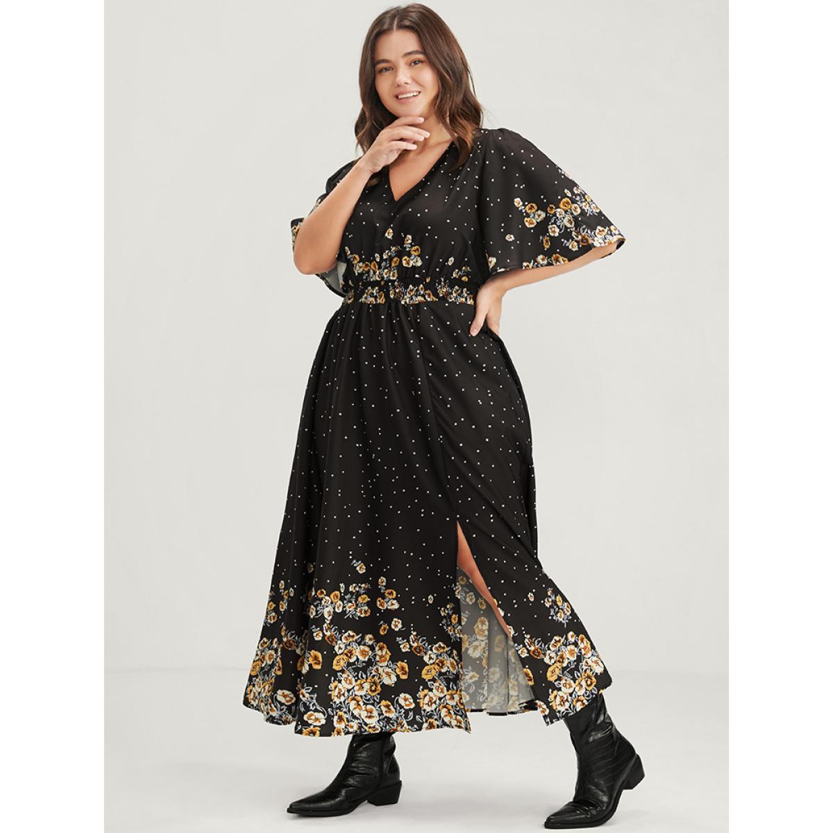 Plus Size Floral Pocket Split Hem Flutter Shirred Maxi Dress Black Women Casual Printed V-neck Half Sleeve Curvy Midi Dress BloomChic 28/5X Product Image