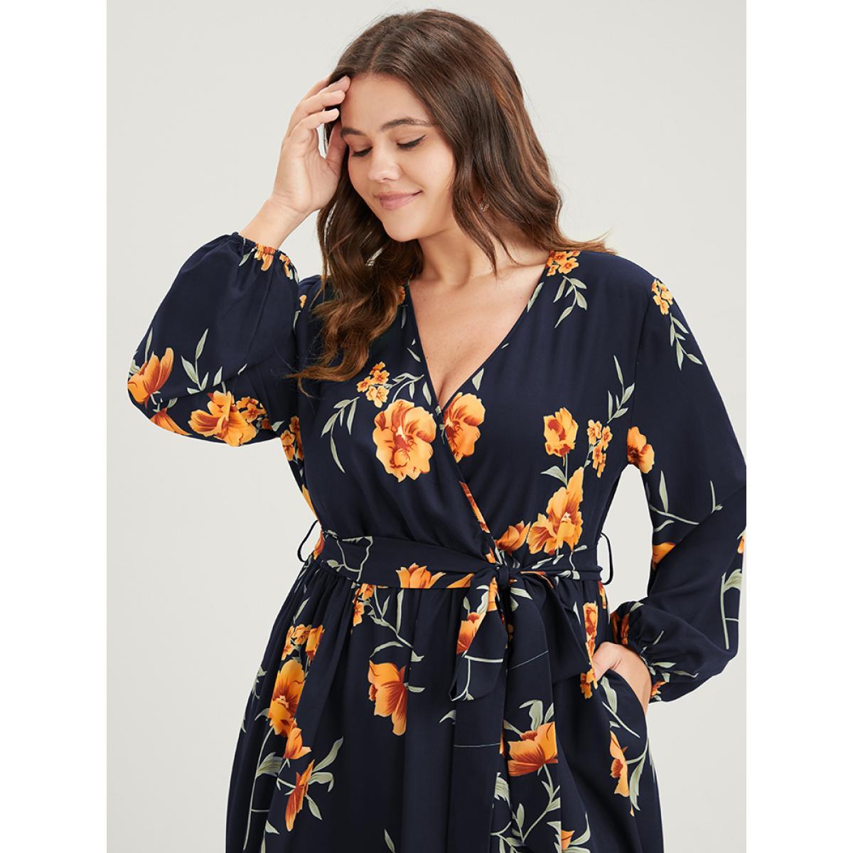 Plus Size Floral Pocket Lantern Sleeve Flutter Split Hem Ties Wrap Dress DarkBlue Women Elegant Cross straps V-neck Long Sleeve Curvy Midi Dress BloomChic 12/L Product Image