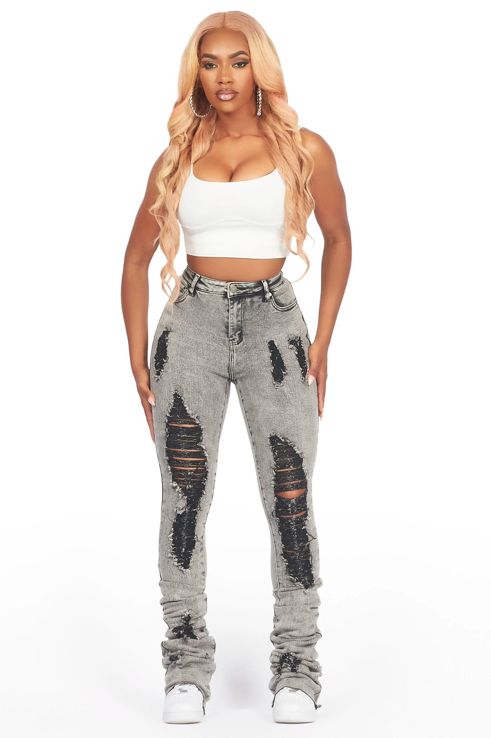 Got A Crush Grey Wash Distressed Super Stacked Jean Female Product Image