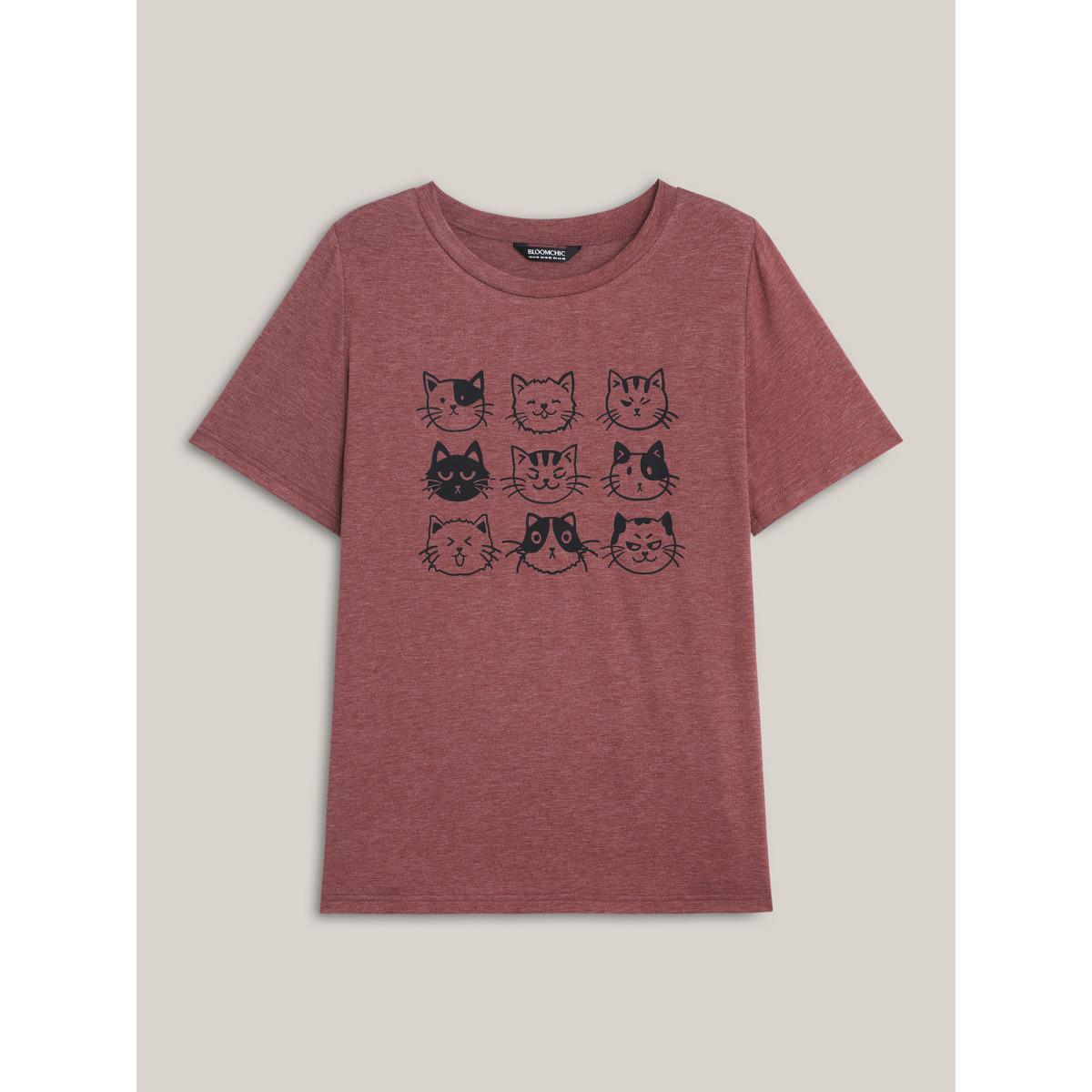 Plus Size Playful Cats Print Crew Neck T-Shirt Russet Women Casual Non Animals Round Neck Everyday T-shirts BloomChic 18-20/2X Product Image
