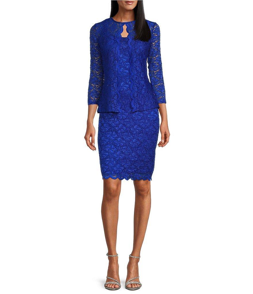 Marina Scalloped Glitter Lace Scoop Neck 3/4 Sleeve 2-Piece Jacket Dress Product Image