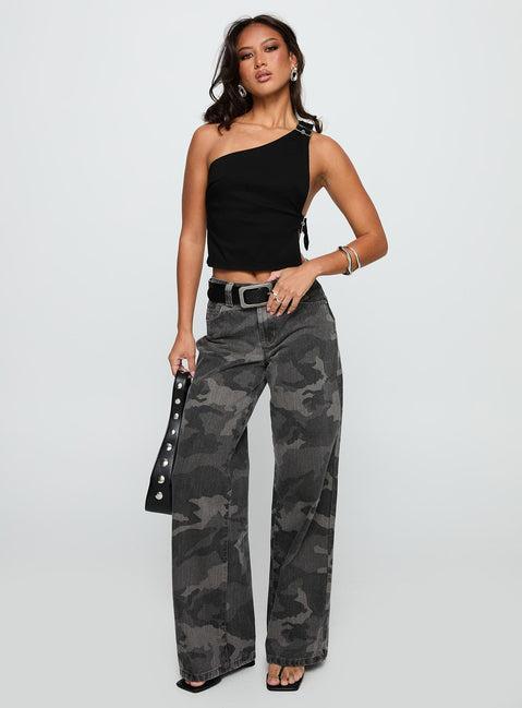 Buckled Down One Shoulder Top Black Product Image