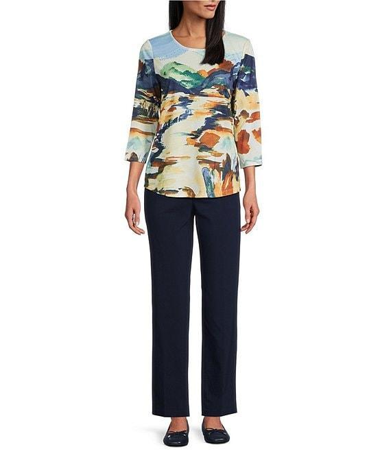 Allison Daley Deep Forest Autum Prairie Print Embellished 3/4 Sleeve Crew Neck Knit Art Tee Product Image
