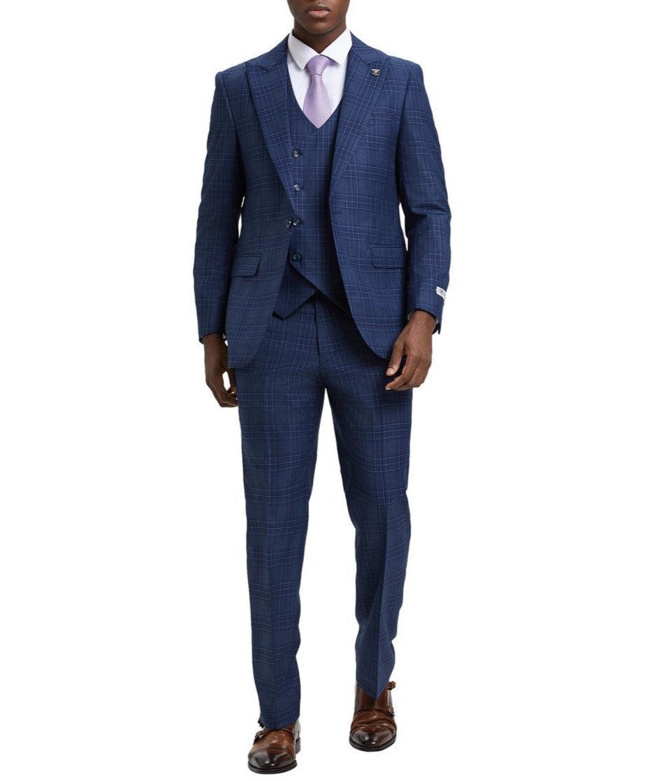 Stacy Adams - Blue 3 Piece 2 Button Plaid Peak Lapel Suit Product Image