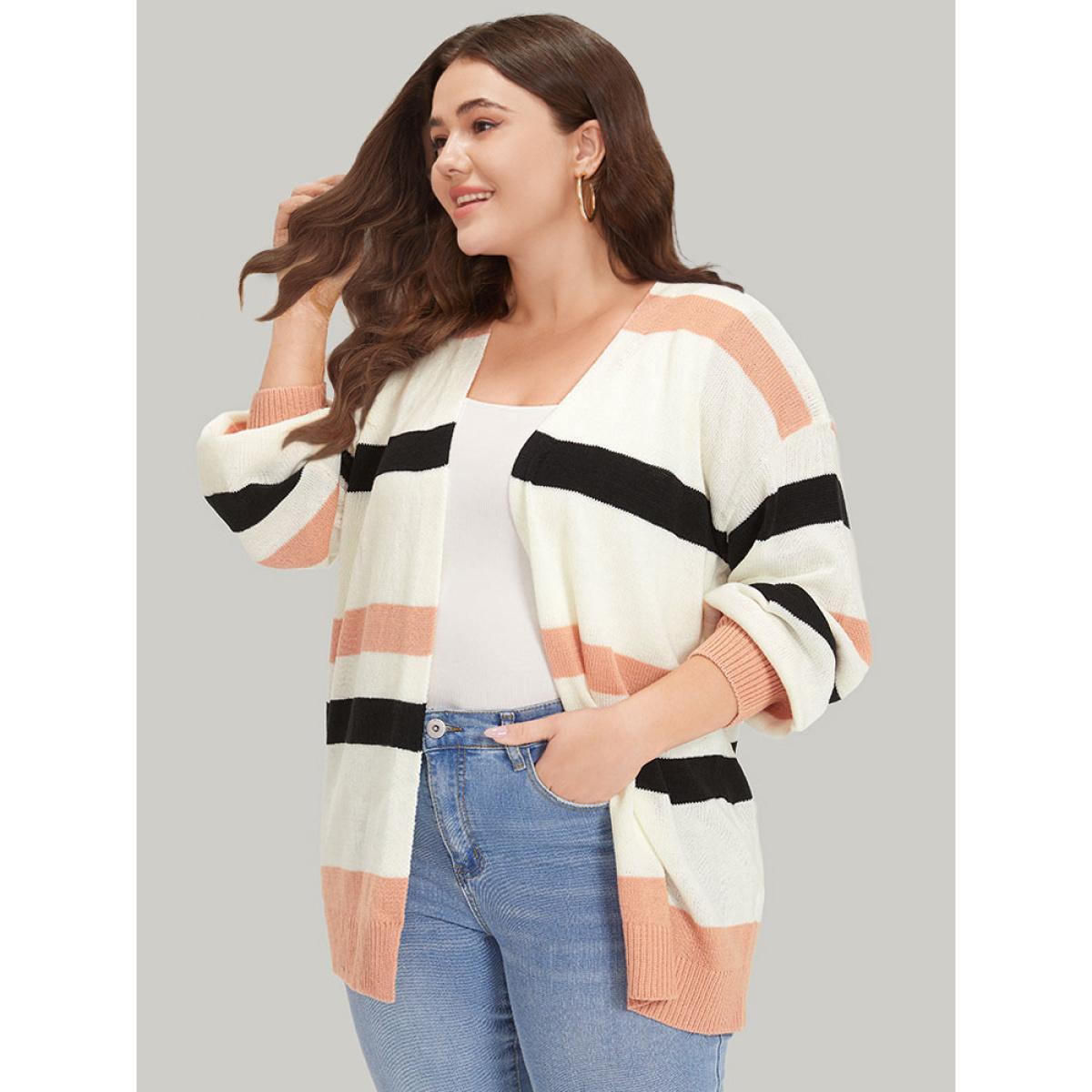 Plus Size Colorblock Contrast Elastic Cuffs Open Front Cardigan Multicolor Women Casual Loose Long Sleeve Dailywear Cardigans BloomChic 28/5X Product Image