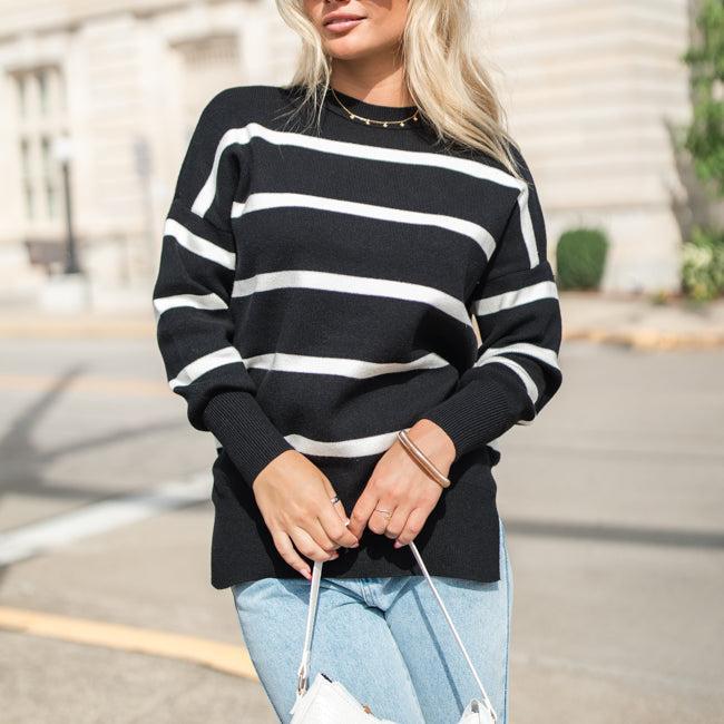 Crushing On You Black And Ivory Striped Crew Neck Sweater FINAL SALE Product Image