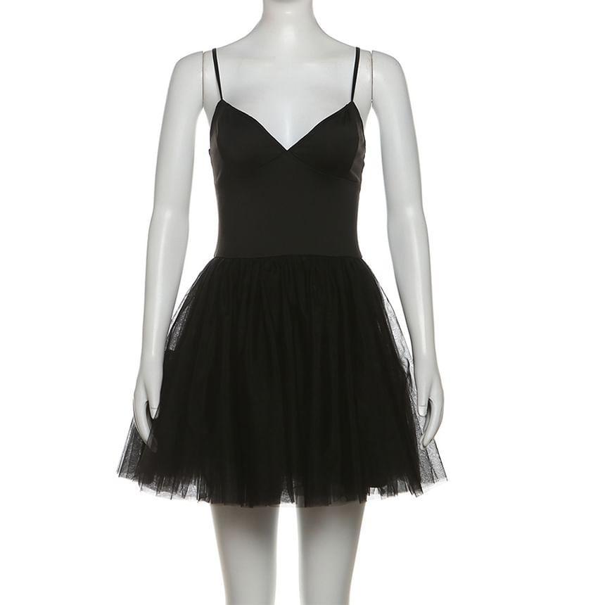 Spaghetti Strap V-Neck Plain Mini Tutu A-Line Dress Product Image
