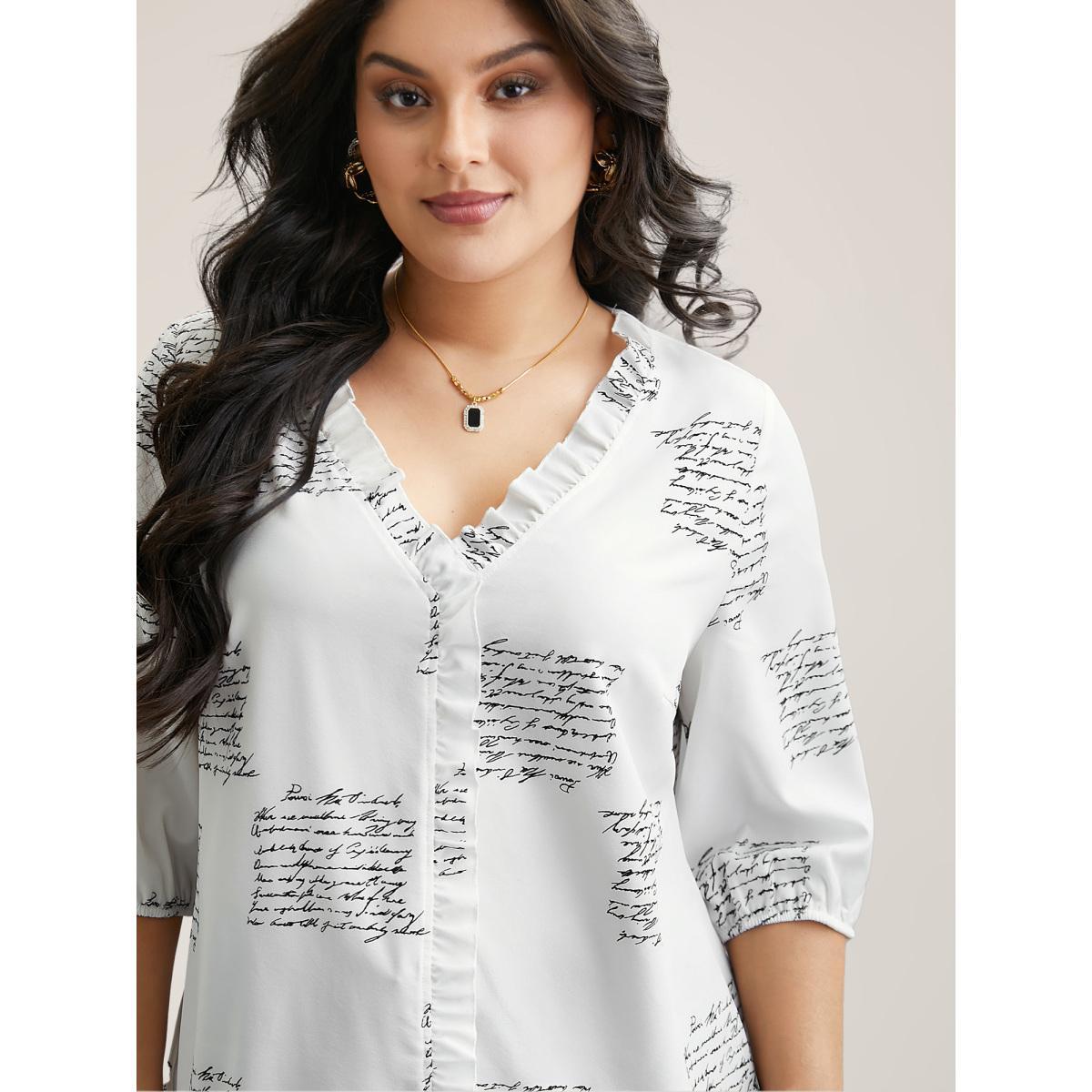 Plus Size Originalwhite Text Pattern Ruffled Lantern Sleeve Blouse Women At the Office Elbow-length sleeve V-neck Work Blouses BloomChic 30/6X Product Image