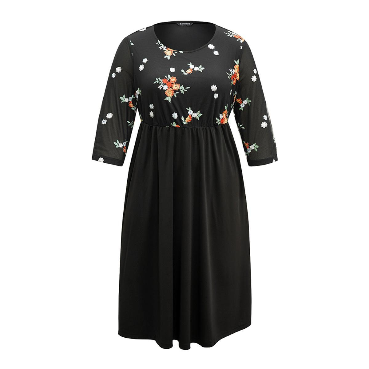 Plus Size Floral Embroidered Mesh Patchwork Elastic Waist Dress Black Women Cocktail Patchwork Round Neck Elbow-length sleeve Curvy Midi Dress BloomChic 28/5X Product Image