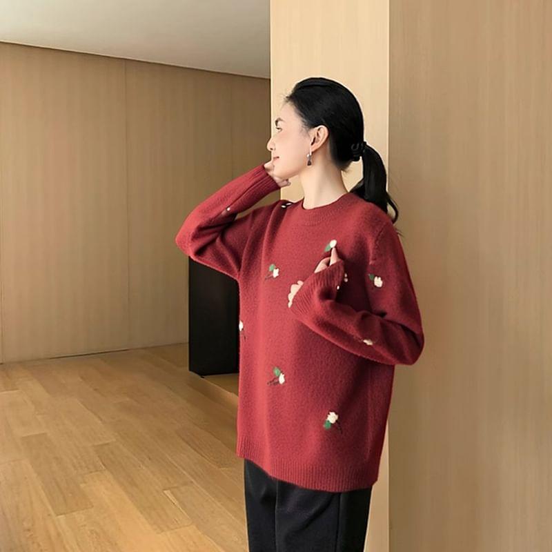 Maternity Flower Embroidered Crew Neck Sweater Product Image