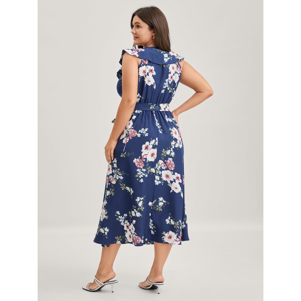 Plus Size Floral Belted Waist Ruffled Pockets Midi Dress DarkBlue Women Overlap Collar Cap Sleeve Curvy BloomChic 30/6X Product Image
