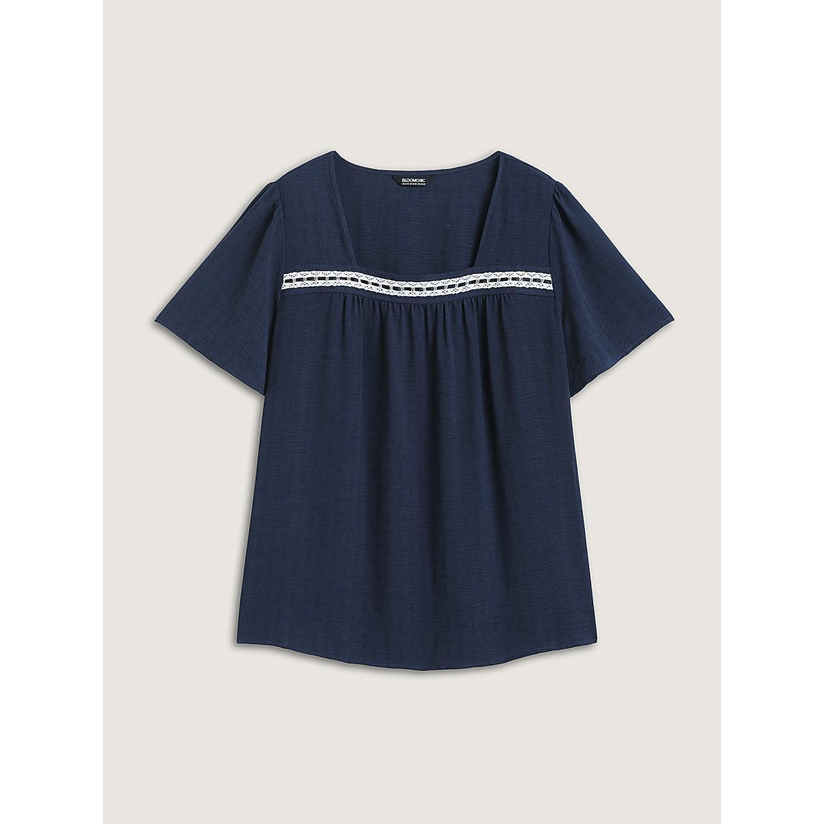 Plus Size Indigo Square Neck Lace Pleated Blouse Women Short sleeve Square Neck Everyday-Elegant Blouses BloomChic 28/5X Product Image