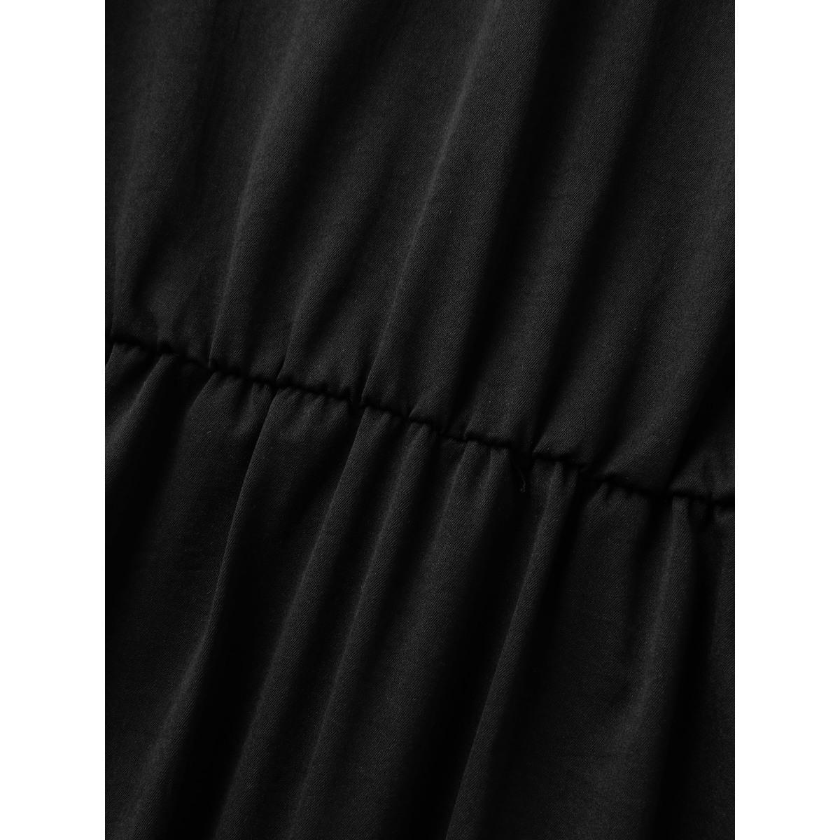 Plus Size Black Cinched Flared Waist Button Detail Blouse Women Short sleeve V-neck Everyday-Casual Blouses BloomChic 12/L Product Image