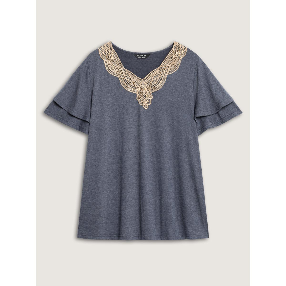 Plus Size Layered Sleeve Lace Neck Solid T-Shirt Stone Women Woven ribbon&lace trim V-neck Everyday-Casual T-shirts BloomChic 28/5X Product Image