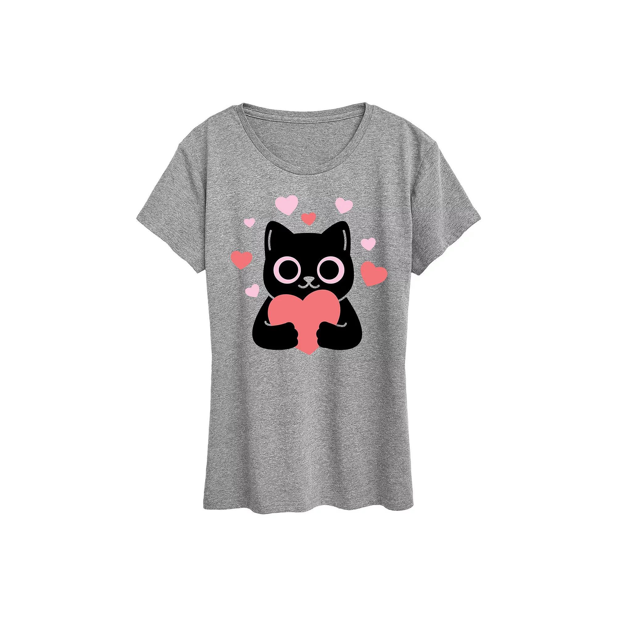 Womens Cat With Hearts Graphic Tee Grey Gray Product Image